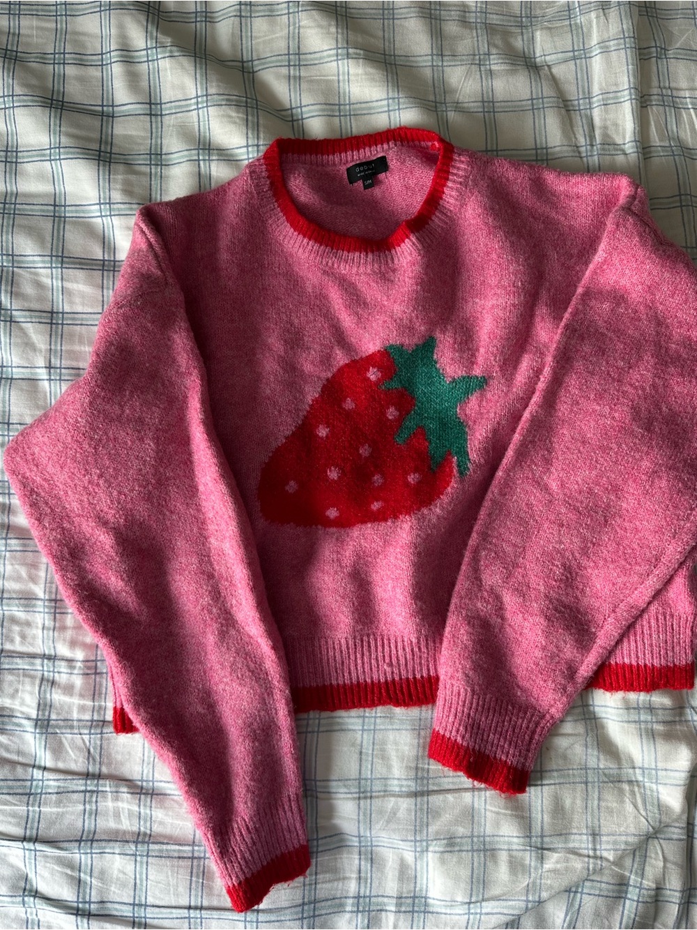 debut Pink Strawberry Crewneck Sweater with Red Trim